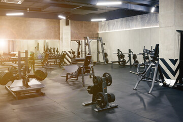 Fototapeta premium Weight plate rack and exercise machines in sunlit gym
