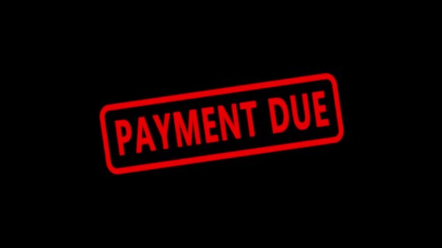 Payment due red rubber stamp animation on black background, for financial notifications, and billing alerts.