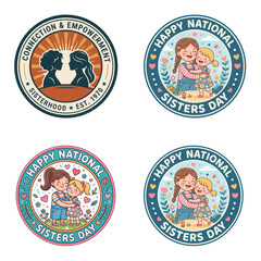 Naklejka premium Happy National Sisters Day Illustrated Badges Cute Sibling Love Vector Set