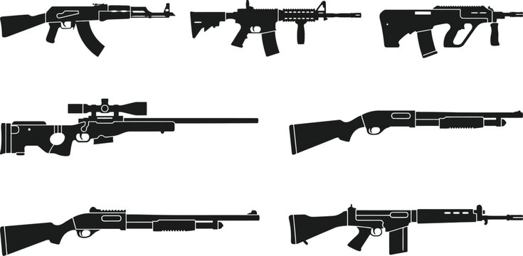Assortment Of Firearm Silhouettes On A White Background Vector Illustration