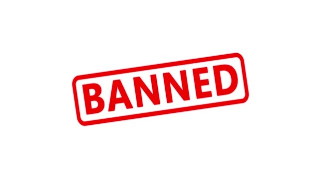 Banned sign animation, red stamp text on white background, motion for censorship and restriction concepts.