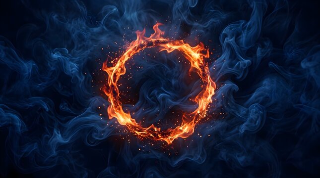 Halloween glowing ring of fire surrounded by swirling blue smoke