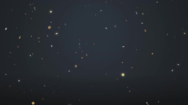Floating golden particles and shiny star shapes drift slowly across dark grey gradient background in festive motion graphics animation for celebration event footage.