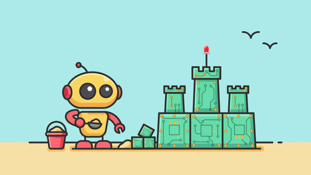 Yellow robot building a high tech sandcastle from electronic components on a sunny beach