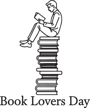 Student reading a book while sitting on a tall stack of many novels in this minimalist black white vector illustration