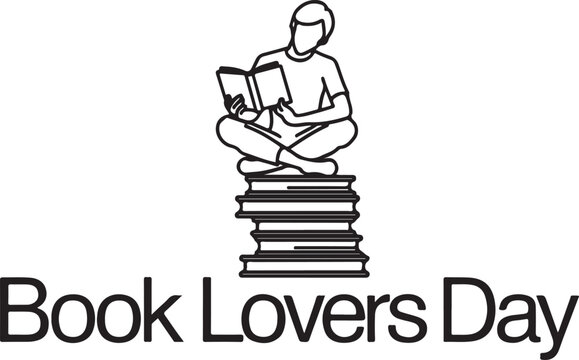 Minimalist vector illustration showing a person sitting on a stack of books while reading to celebrate national book lovers day
