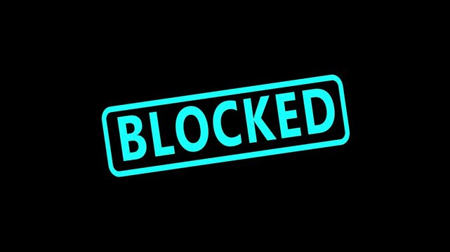 Neon cyan blocked stamp motion on black background, for digital security, and access control, glowing.