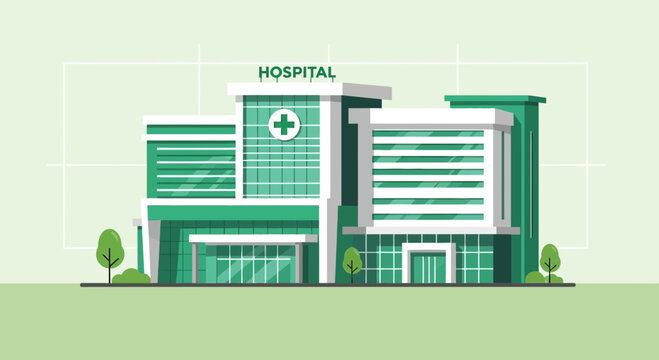 Modern Hospital Building Illustration Depicting Medical Healthcare Treatment and Facilities