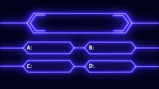 Neon quiz show interface with glowing multiple choice question template and answer slots trivia game show.