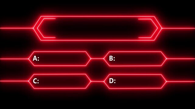 Neon red quiz interface template with multiple choice options, digital game show overlay for broadcast and interactive presentations.
