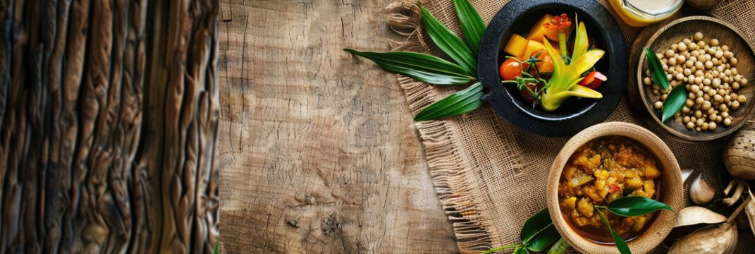 Authentic Madagascar dishes with copy space for Independence Day promotions. Traditional food photography with empty area for restaurant menus or holiday flyers