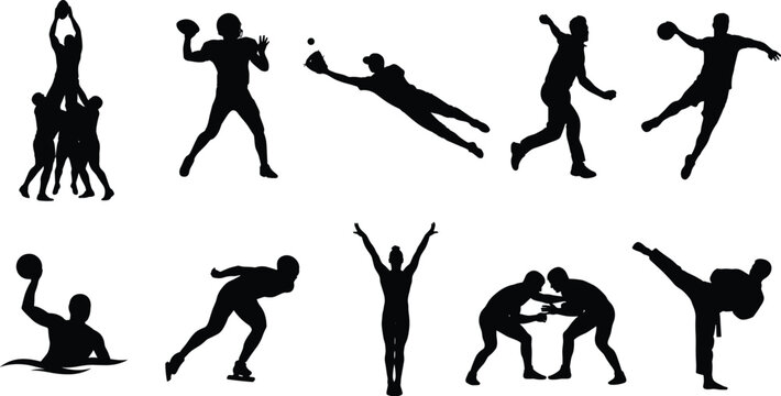 Set of diverse sports silhouettes showcasing football, baseball, martial arts, swimming, wrestling, and winter sports