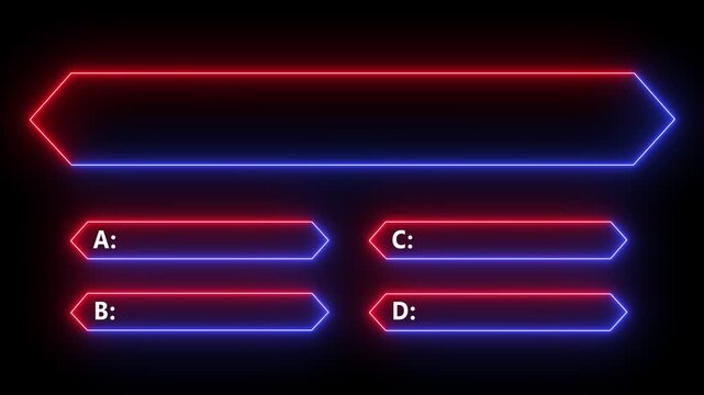 Neon quiz template with glowing red and blue hexagonal frames for multiple choice questions interface.
