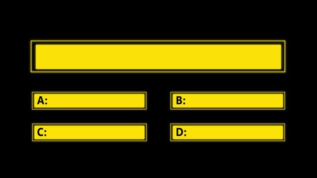 Interactive quiz template with yellow glowing frames for multiple choice questions on black background.