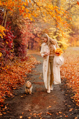 Fototapeta premium Woman walks a small dog on a path covered in autumn leaves while holding a bouquet of flowers in a park during fall