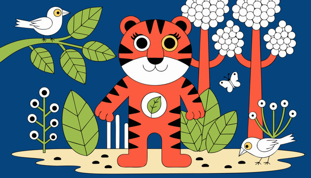 Cute cartoon tiger mascot standing in a stylized forest with birds with friendly orange tiger character standing among trees butterfly blue background