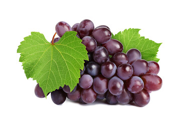 Obraz premium Bunch of grapes with green leaves isolated on white