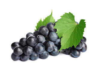 Obraz premium Bunch of grapes with green leaves isolated on white