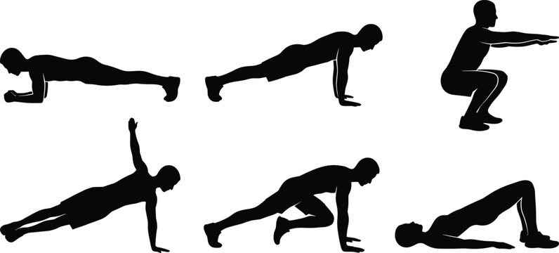 Set of fitness workout silhouettes featuring a man performing bodyweight exercises and core training routines
