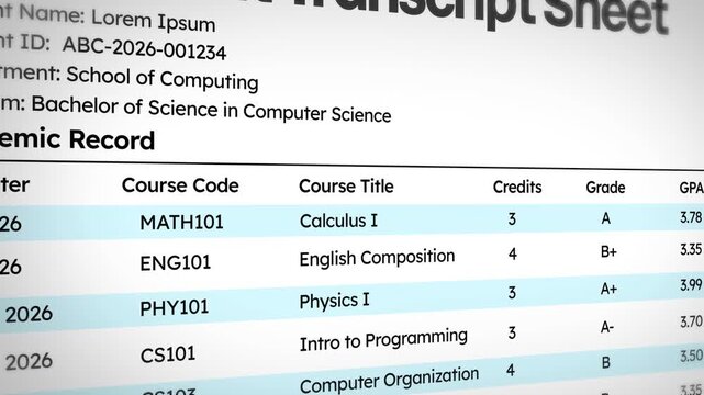 Academic transcript showing course codes, titles, credits, grades, and gpa for computer science degree program in 4k animation.