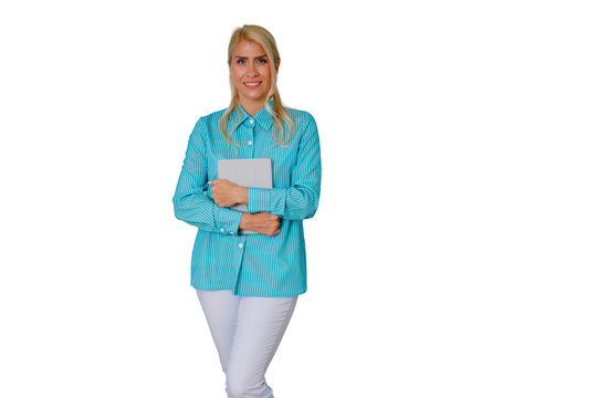 Businesswoman holding a tablet, smiling, representing professional success, technology, and modern digital communication