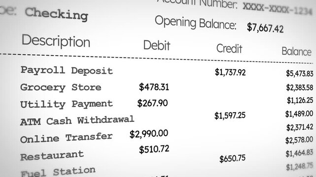 Bank statement with payroll deposit, grocery, utility, atm withdrawal, and transfer list, 4k animation, scrolling