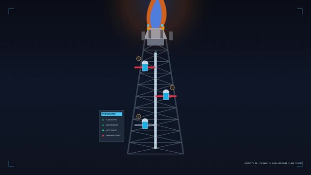 Industrial motion graphic interface showing a high pressure gas flare system with digital gauges and status monitor
