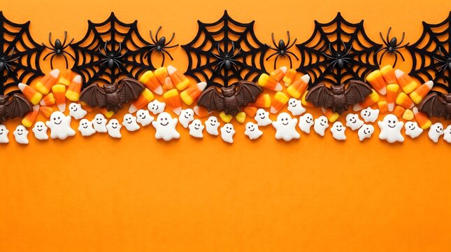Halloween halloween border with spider webs, spiders, bats, ghosts, and candy corn on orange background