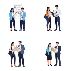 Obraz premium Business people reviewing budget planner vector illustration set. Financial planning and money management concept with professionals analyzing charts.