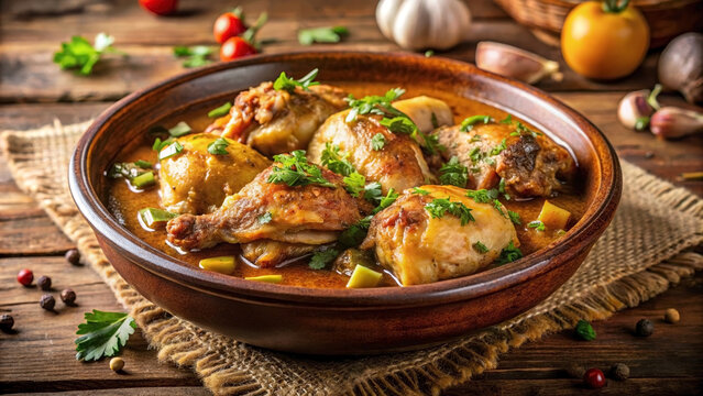 Close up of traditional chicken yassa stew in a rustic ceramic bowl. Homemade African cuisine with meat and rich sauce on a wooden table