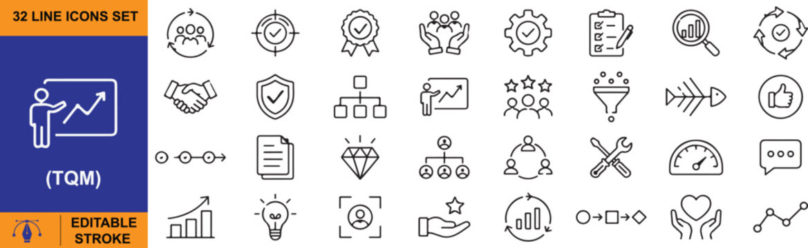 Total Quality Management (TQM) Vector Outline Icons Set &ndash; Quality Control, Continuous Improvement and Business Process Line Symbols Collection.