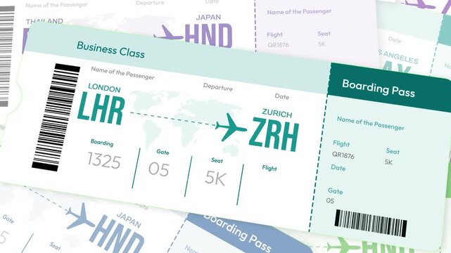 Business class boarding pass design with flight details for London to Zurich travel, featuring gate and seat, 4k close up