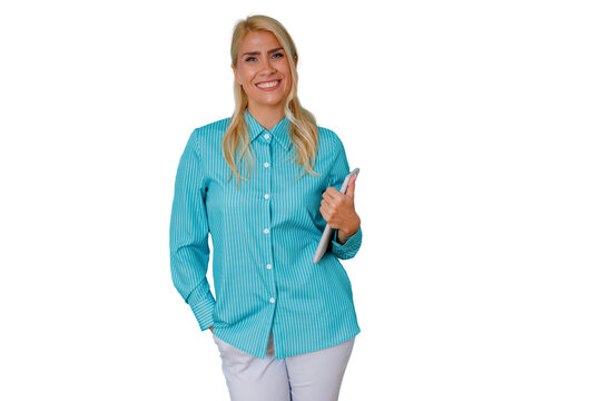 Confident blonde woman smiling, holding digital tablet, projecting success and professional expertise on transparent background