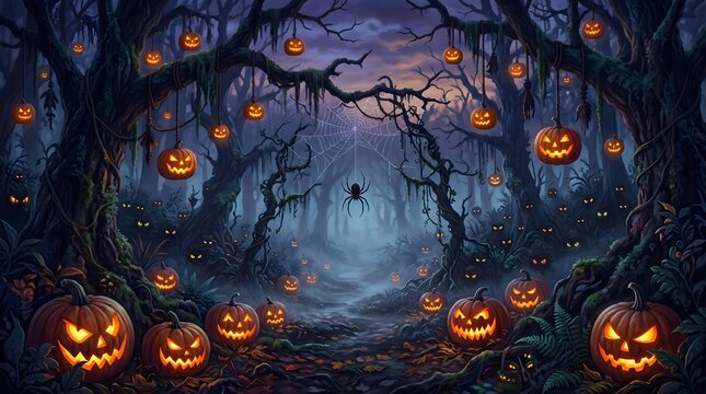 Halloween spooky halloween forest with glowing jackolanterns and spider web in dark woods