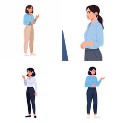 Fototapeta premium Inclusive flat vector illustration set of a young woman with a hearing aid speaking and gesturing. Concept of hearing loss awareness, accessibility, and disability representation.