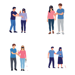 Obraz premium Flat vector set of a man guiding a blind woman, representing accessibility and social support.