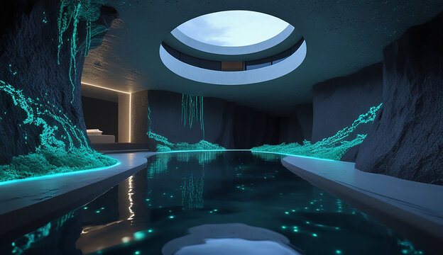  A tranquil cave scene featuring a pool of water, enhanced by soft, glowing lights reflecting off the cave walls.