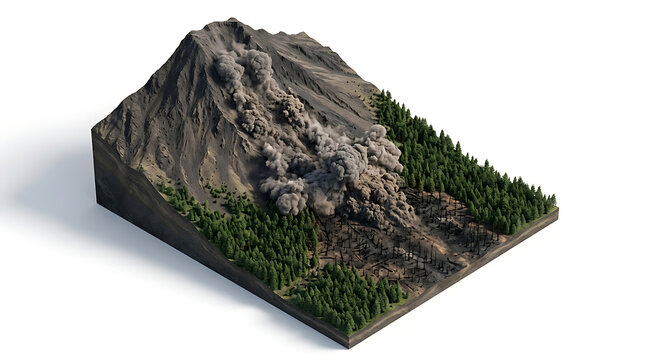 Isometric 3D illustration of a volcanic eruption destroying a forest, isolated