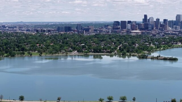Sloan's Lake Park in Denver, Colorado, featuring the scenic lake, walking trails, and breathtaking views of the downtown Denver skyline.