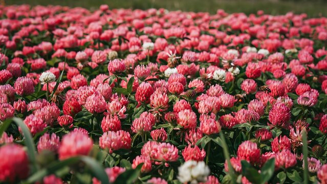 Beautiful vibrant pink clover flowers blooming in lush green meadow field