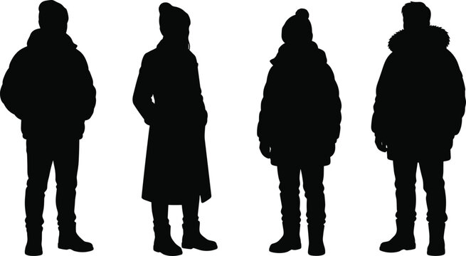 People Wearing Winter Coats and Hats Vector Silhouette Set for Cold Weather Apparel Design.