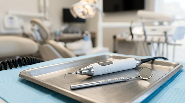 Dental tools on a metal tray in a modern sterile clinic environment
