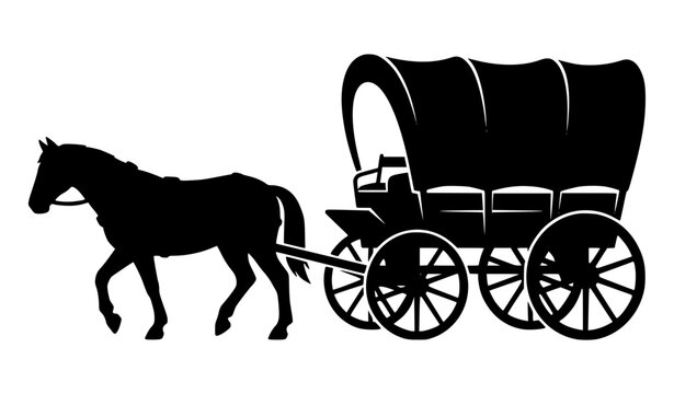 Horse pulling covered wagon black silhouette vector isolated on white background