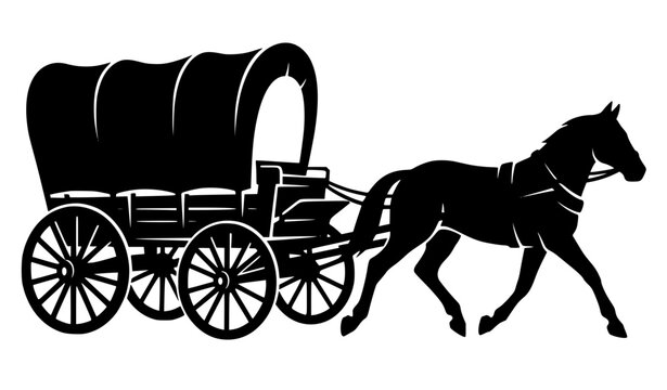 Vintage horse and covered wagon silhouette vector western transportation icon
