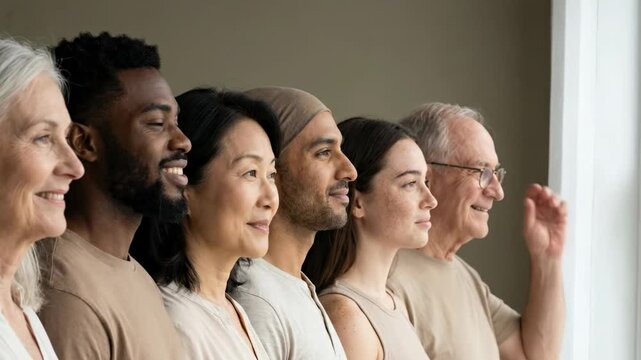 Six adults stand shoulder to shoulder in side view near bright window light, creating balanced indoor scene with relaxed mood, subtle color tones, and strong sense of connection, with diversity