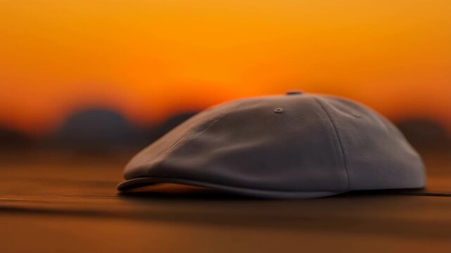 Low angle close-up of baseball caps on tabletop at warm orange sunset, with blurred foreground cap and sharp midground cap creating soft depth and commercial display mood