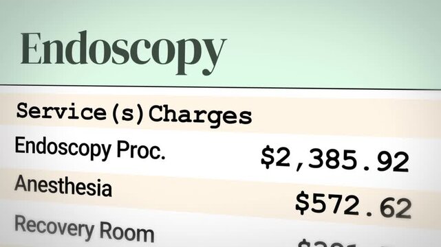 Endoscopy cost breakdown with prices for procedure, anesthesia, and recovery room services in medical billing, 4k