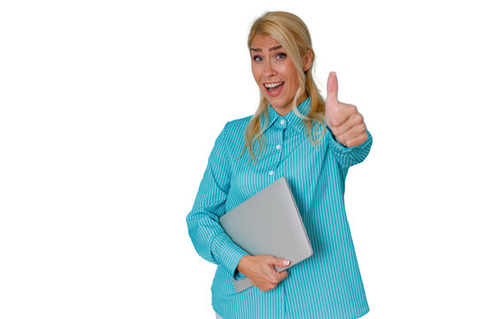 Blonde woman smiling, holding silver laptop and showing thumbs up, signaling approval, achievement, and positive results in work
