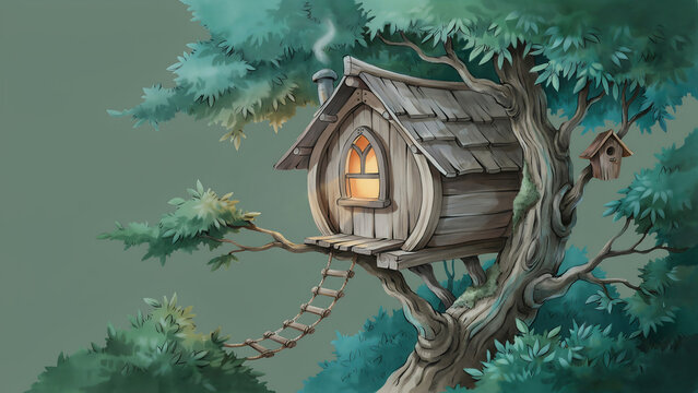 Whimsical Treehouse With Warm Light Illuminating Cozy Window At Night