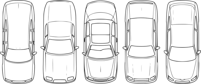 A collection of five different car models shown from a top-down perspective in a clean black and white line